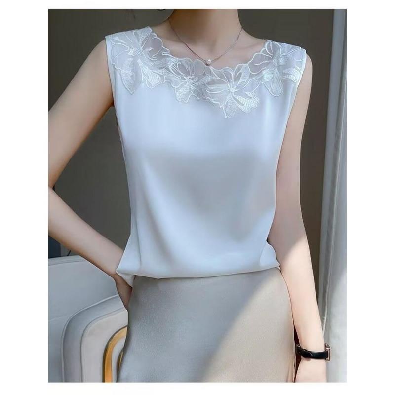 Silk Breathable Lace Camisole Loose Satin Suit Sleeveless Top Without Collar Splicing Vest