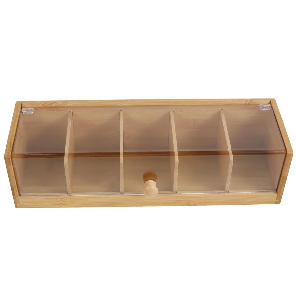Bamboo Tea Bag Organizer Clear Sorting Tea Storage Box with 5 Compartment Portable Dust Proof Coffee Box for Home and Office
