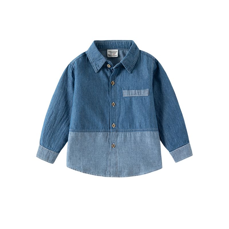 Spring and Autumn Children's Denim Shirt Jacket Boys' Cardigan Shirt Toddler Polo Shirt Casual Color-Blocked Lapel Top