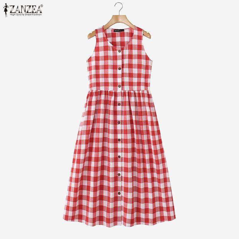 ZANZEA Women Grid Print Loose Casual Sleeveless Dress