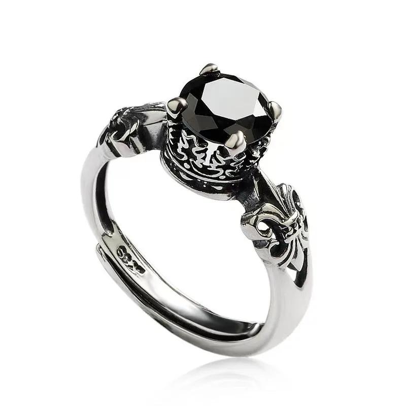 Black agate open ring for men and women, fashionable and trendy, retro style ring ring