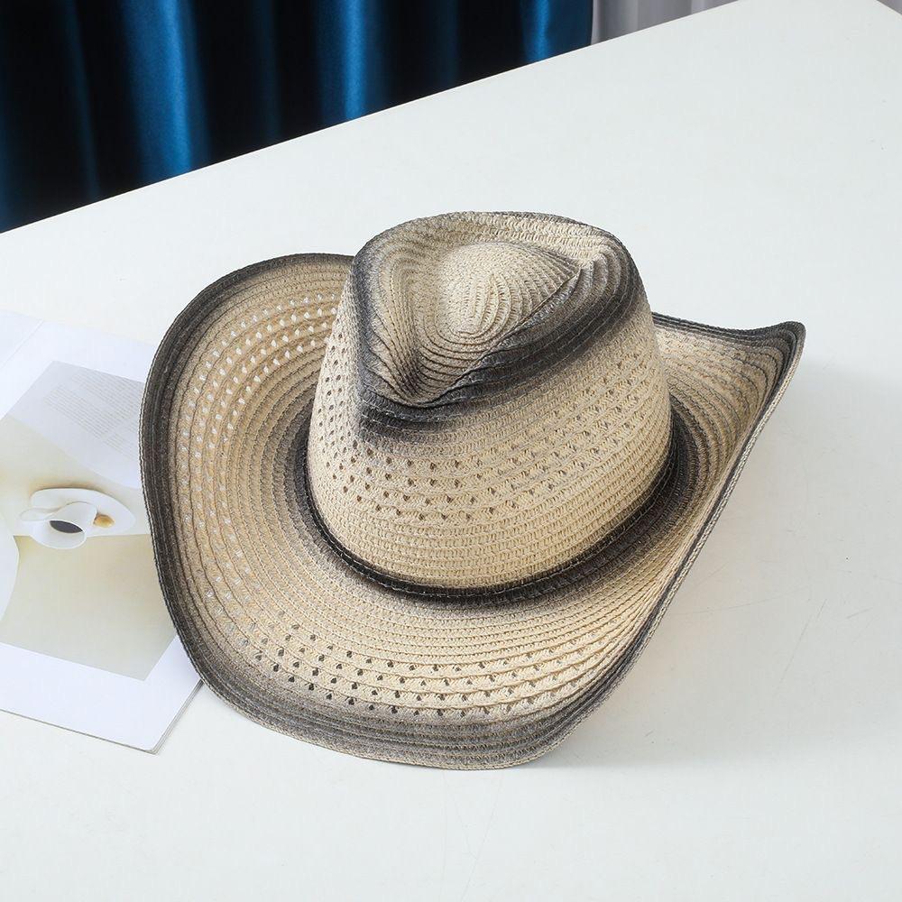 Western Cowboy Straw Hat Retro Ethnic Style European and American Jazz Hat Outdoor Travel Grassland Leisure Hat Curved Brim Hat Tide