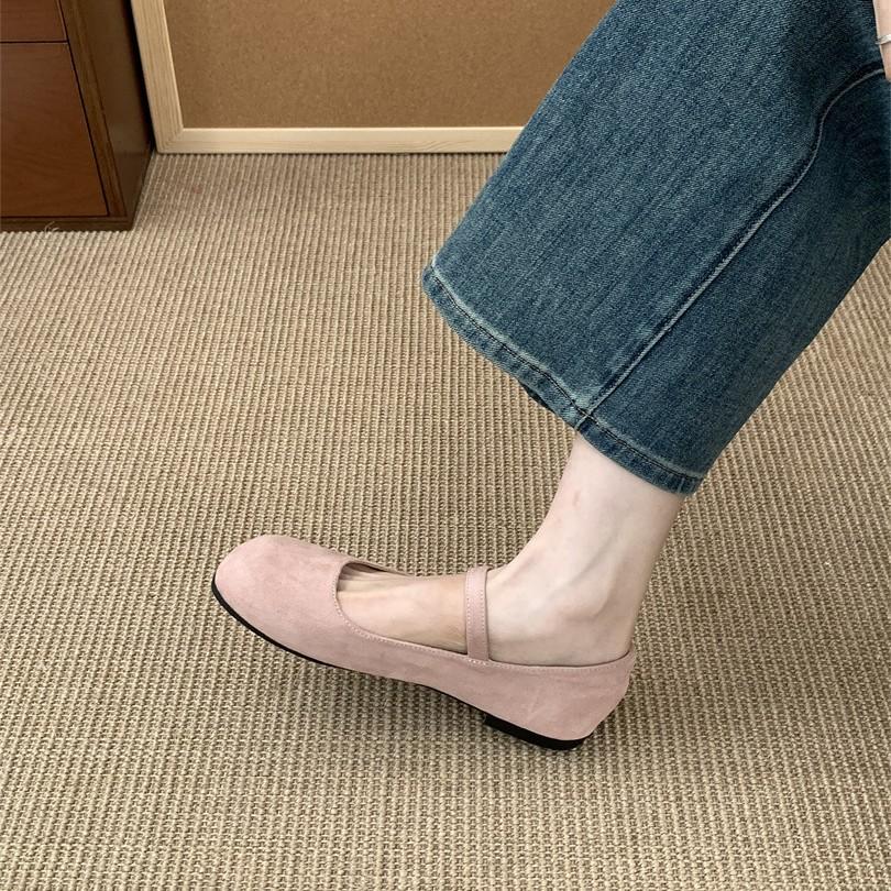 2025 Spring and Summer New Fairy Ballet Shoes Square Head Shallow Mouth Late Evening Wind One-word Buckle Mary Jane Shoes Suede Ladyshoes