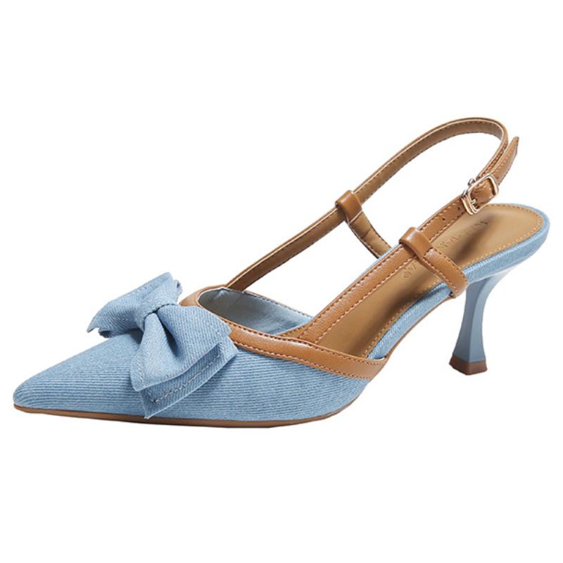 

Fashion Denim Bow knot Women Sandals Pointed Toe Back Strap thin Heel Slide Sandals Summer Fashion Comfortable Buckle designer High Shoe 40