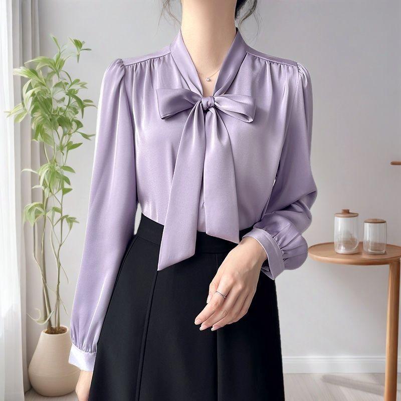 Spring Women's French Style Bow Tie Blouse, Satin Office Shirt with Flowing Ribbon Detail, Sexy Elegant Commute Wear for Business Casual