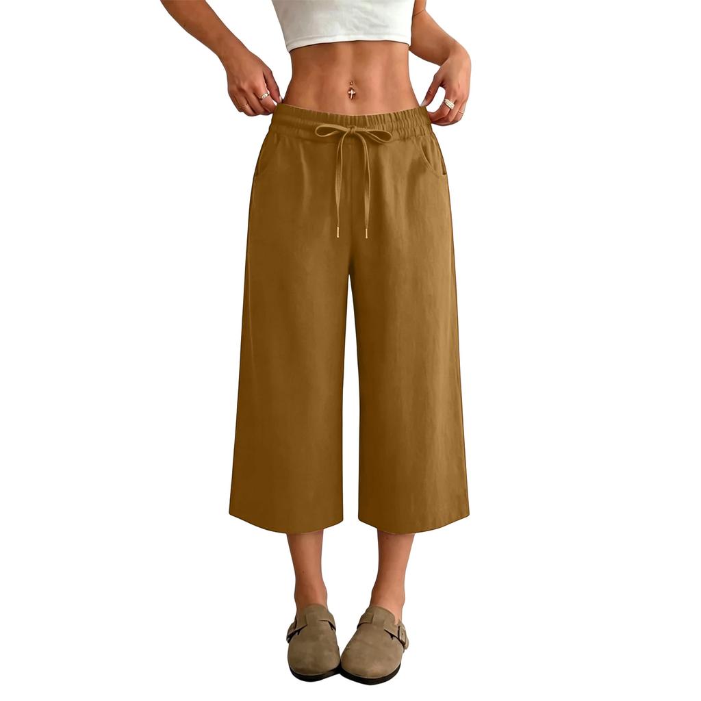 Women’s High Waist Wide Leg Drawstring Cropped Pants with Pockets Relaxed Fit Casual Summer Lightweight Design