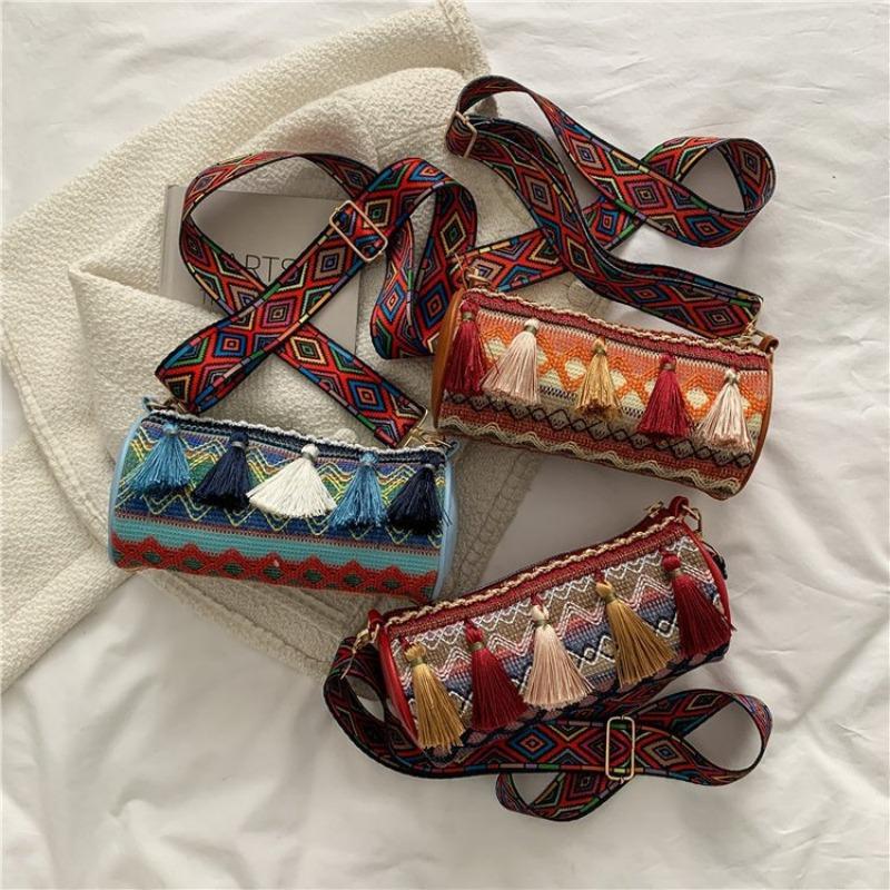 Quasten Damenhandtasche Modische Zylindrische Damenhandtasche im Ethno-Stil Umhängetasche Einzel-Schultertasche