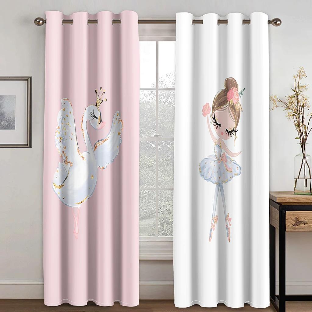 2Panels Pink Princess Dancing Curtains for Kids Girls Bedroom Living Room Window Blinds Floor-to-ceiling Windows Grommet Top