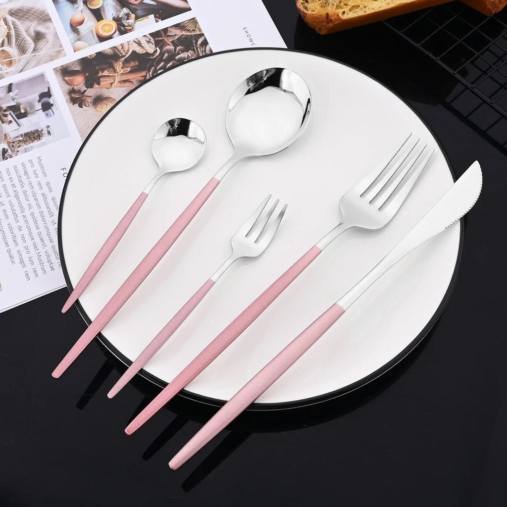 30Pcs Pink Silver Dinnerware Set Stainless Steel Steak Knife Fork Coffee Spoon Flatware Dishwasher Safe Kitchen Tableware Set