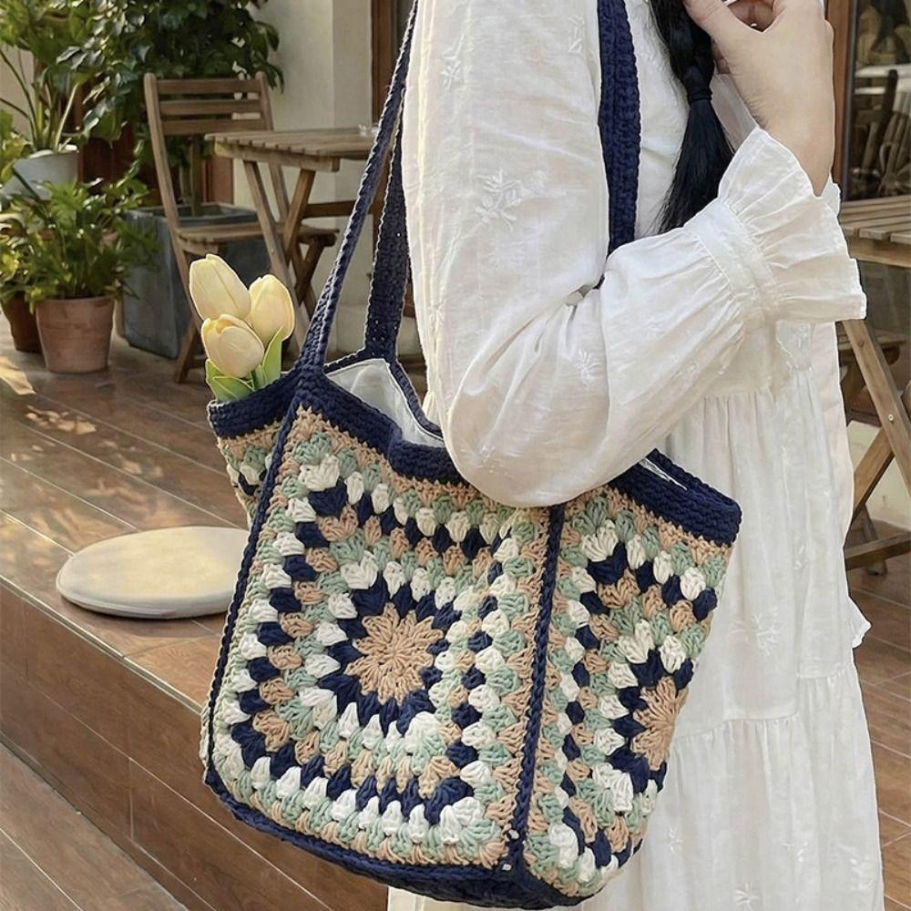 Braided Hollow Out Knitted Weave Bag Ethnic Style Beach Bag Sweet Crochet Tote Bag  Beach
