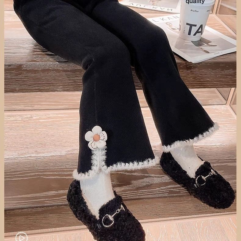 Girls Spring Autumn Casual Wide Leg Pants Solid Split Hem Student Trousers 90
