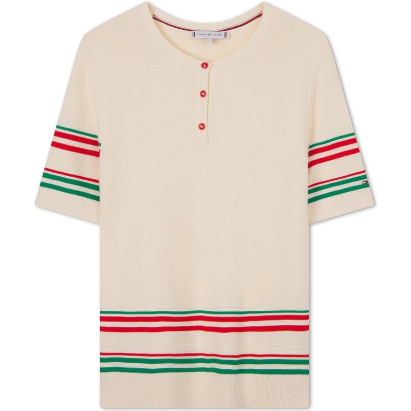 Tommy Hilfiger Pullover Cotton Casual Color-Blocked Cuff Button Half-Placket Round Neck Base Layer Slim Fit Knit Sweater Women sweater WW0WW41460