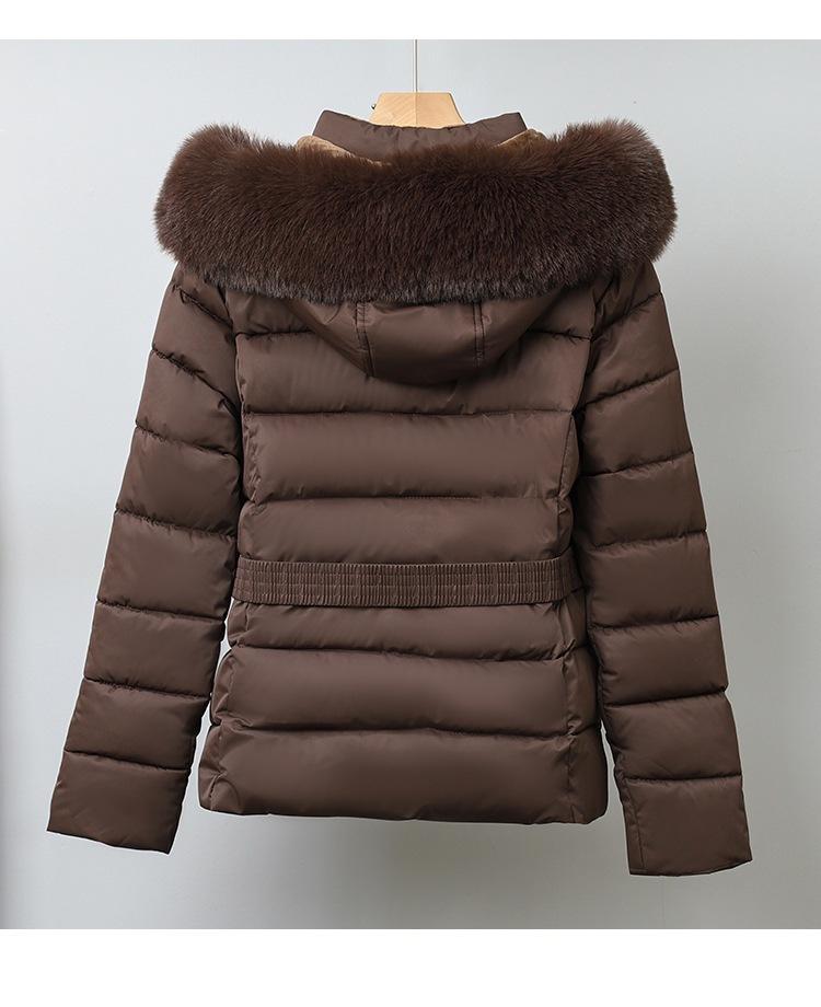 Dámská krátká bunda s velkou kožešinovou kapucí, větruodolná, zateplená, teplá, zimní bunda s páskem
