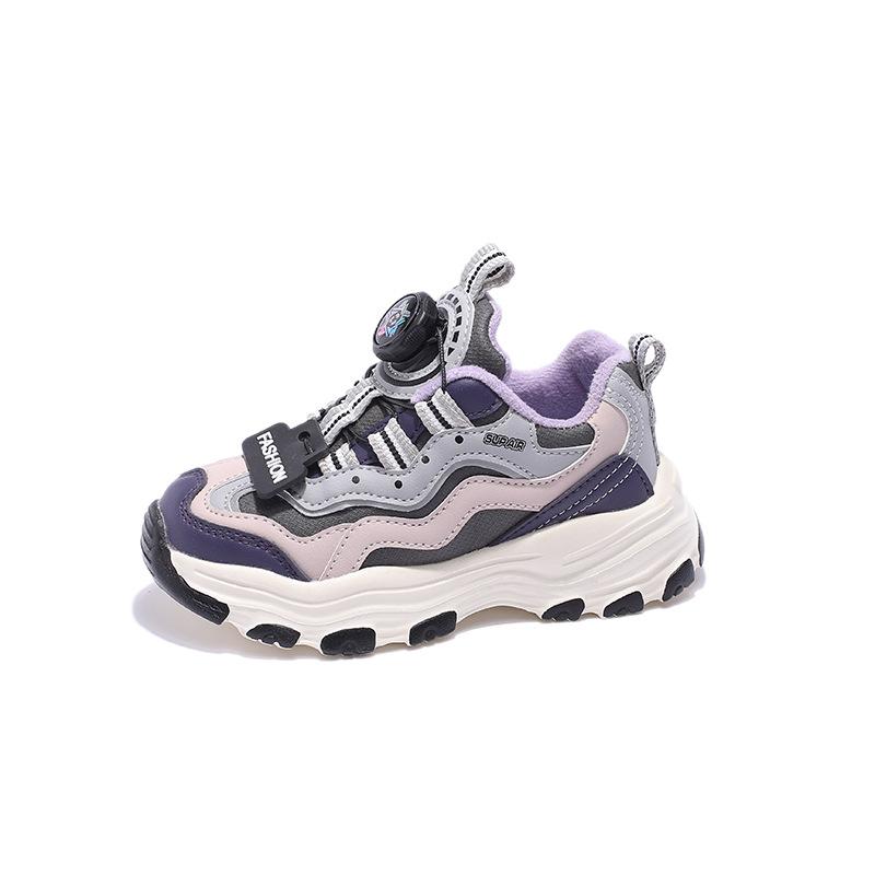 Girls' fleece sneakers 2025 autumn and winter children's knob buckle medium old children's dad shoes non-slip soft sole fleece warm