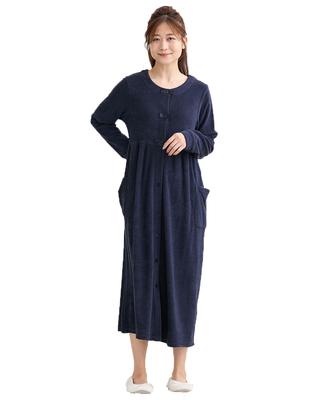 Nissen and Nursing Cotton Blend Pile Maternity Nightgown with Navy Size 5L Loungewear/Pajamas [Pre- Post-natal Wear] Front-Opening Ribbon, Blue,