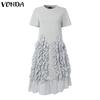 VONDA Women Round Neck Short Sleeve Irregular Ruffled Patchwork Casual Dress