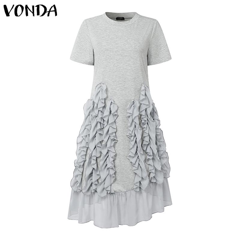 VONDA Women Round Neck Short Sleeve Irregular Ruffled Patchwork Casual Dress