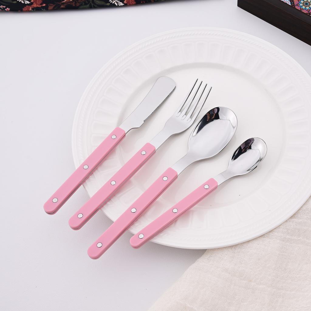 16 Pieces Color Handle Flatware Eating Utensils, Stainless Steel Tableware Rivet ABS Handle Design, Knives Forks Spoons for Home, Service for 4