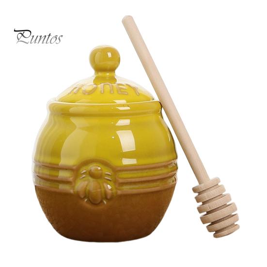350ml Ceramic Honey Jar Farmhouse Honey Pot with Wood Honey Dipper Stick Retro Honey Dispenser Kitchen Decor for Mother's Day Wife Gift