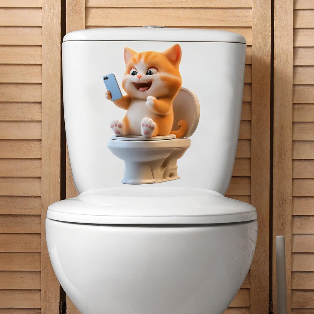 Cute Dog Looking At Phone Waterproof Self Adhesive Toilet Lid Sticker Bathroom Renovation Decor