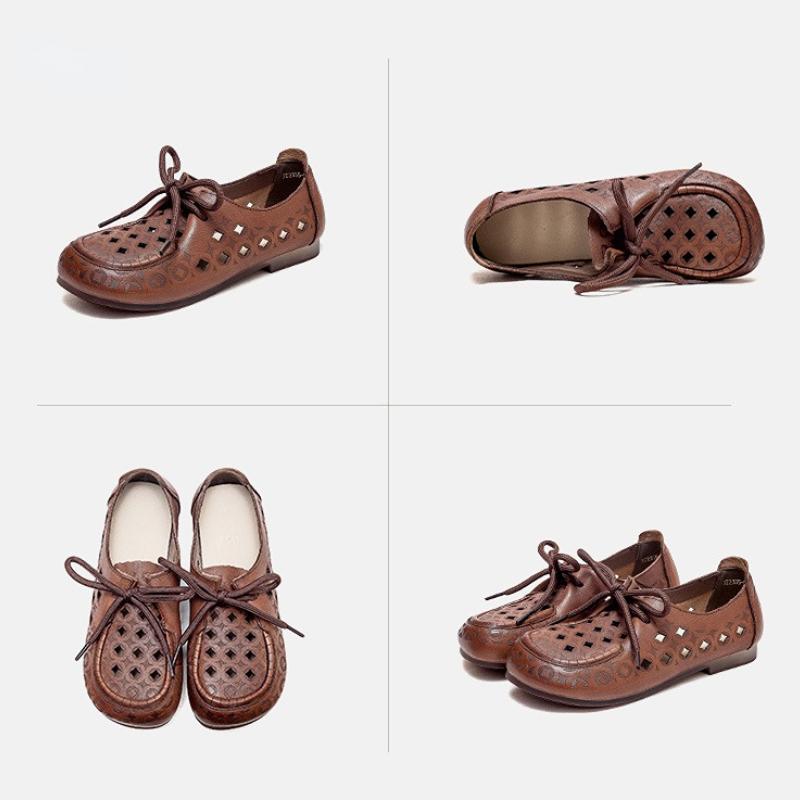 Johnature Sandales d'été confortables et décontractées ajourées pour femmes, chaussures plates respirantes à lacets en cuir véritable, semelle souple