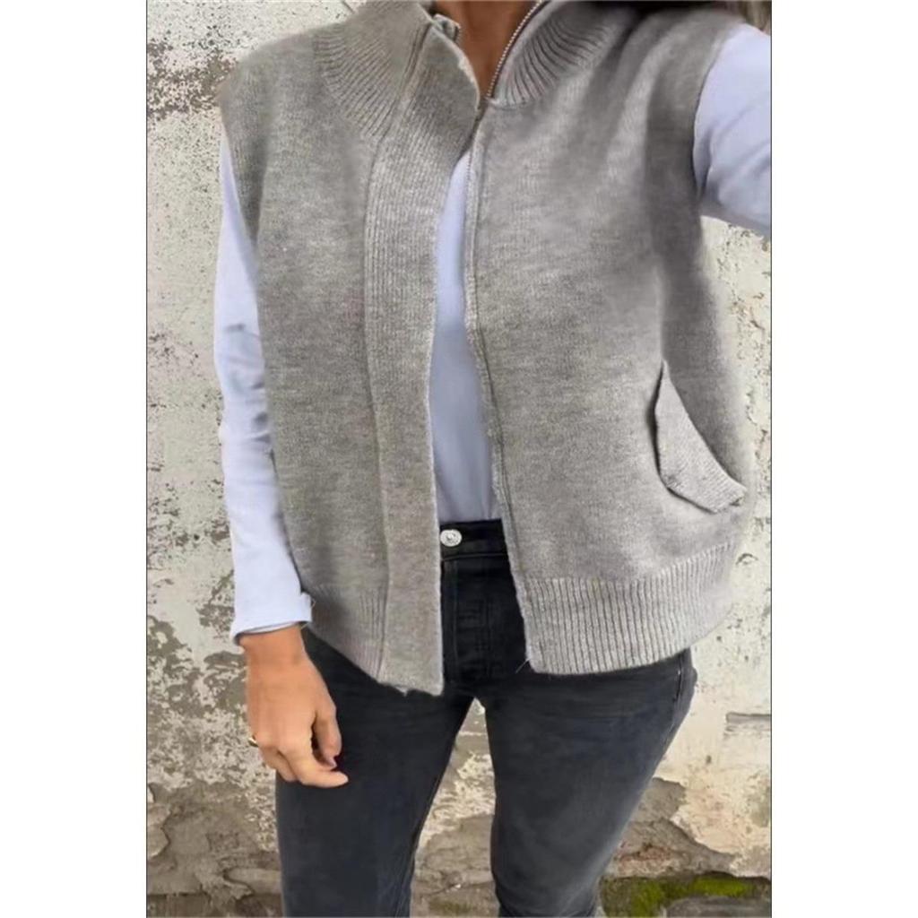 Winter Women's Stand Collar Zip Knitted Vest Loose Casual Open Front Sweater Gilet for Autumn Winter