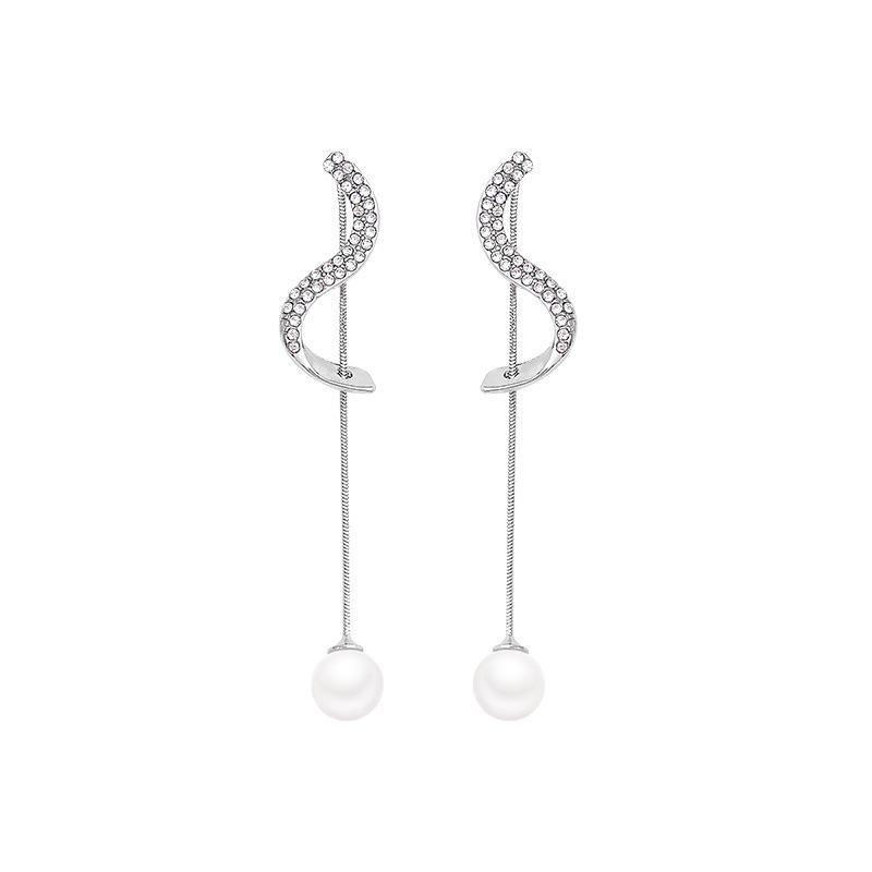 Korean Elegant Full-Diamond Arc Tassel Earrings for Women - Luxurious, Shiny, High-End Pearl Design