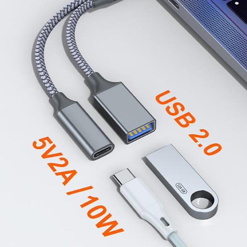 USB C OTG Cable Phone Adapter 2 In 1 Type C Male To USB C Female Charging Port With USB Female Splitter Adapter