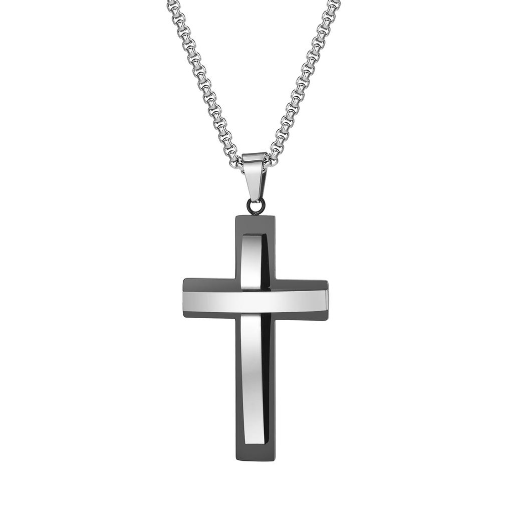 Stylish Layers Cross Necklaces for Men Boys,Two Tones Black Silver Color Cross Pendant, Religion Prayer Collar