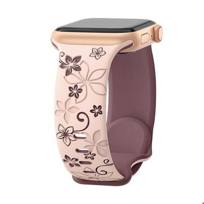 Bracelet for Apple Watch Series Ultra 2/3, 11, 10, 9 8 SE 7 6 5 4 3 2 1 46mm-45mm-44mm-42mm-49mm, Silicone Flower Pattern - Pink