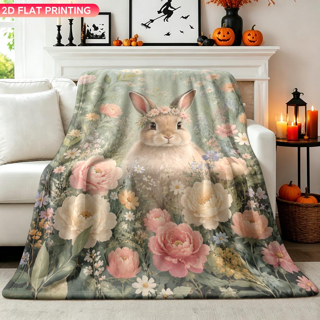 One Flannel Blanket Featuring an Adorable Little Rabbit in a Flowering Meadow. Soft Air-conditioning Blanket, Office Sofa Throw, Nap Blanket, and Camp