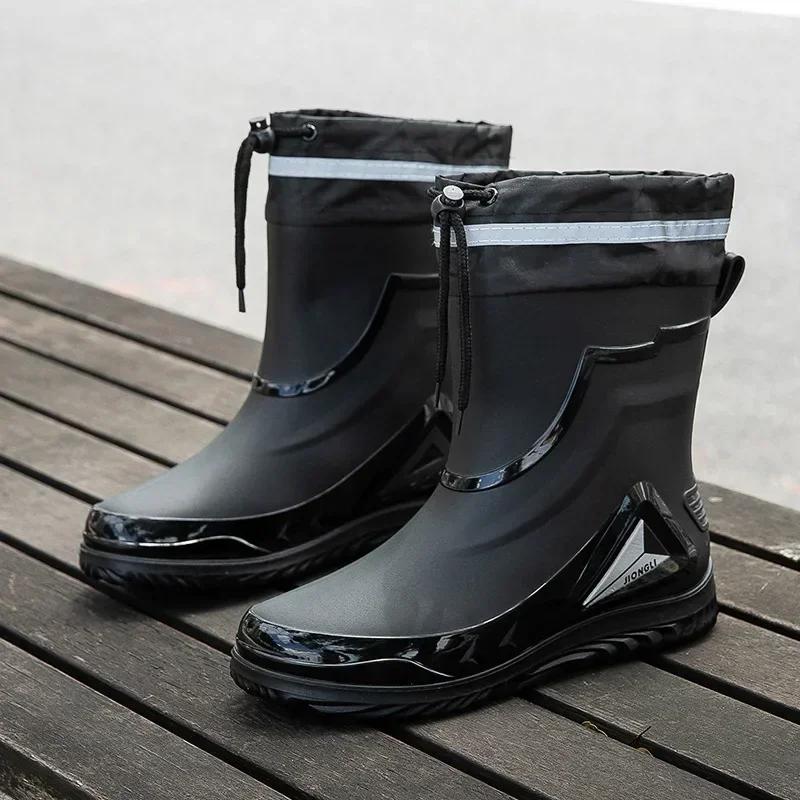 High Quality Rain Boots for Men, Drawstring Waterproof Shoes, Mid-length Anti-slip Rain Boots, Plus Fleece Rubber Boots for Work