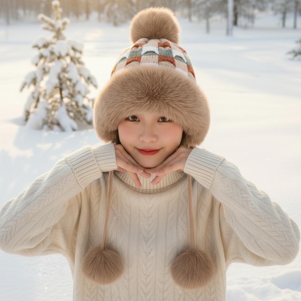 Winter Hat Female Cute Antlers Hairball Ear Protectors Plush Hat Christmas Thickened Northeast Lei Feng Hat Cycling Hat