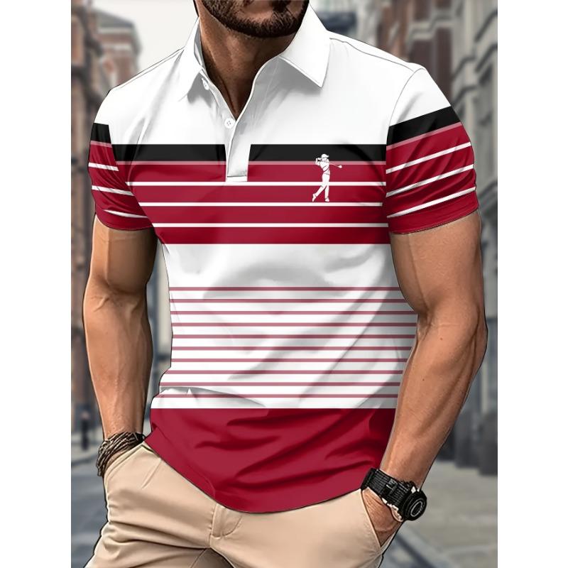 Men's Short Sleeve Shirt Casual 3D Printed Golf Shirt, Navy Blue Khaki Striped Design Golf Sports Pattern, Sports Style