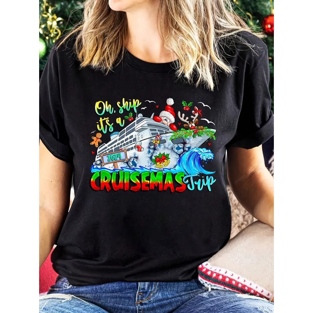 

Ladies Soft Breathable Cruise Pattern T-Shirt - Casual Crew Neck Short Sleeve Stretch Fit - Perfect for 2024 Cruise Mas Travel and Christmas Holidays XXL чорний