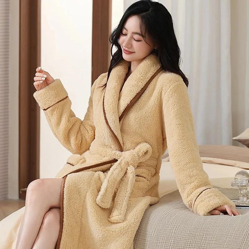 Damen Langer Dicker Korallenfleece Bademantel Winter Hauskleidung Einfarbig Wärmespeichernder Morgenmantel Einfaches Design Winter Nachtwäsche