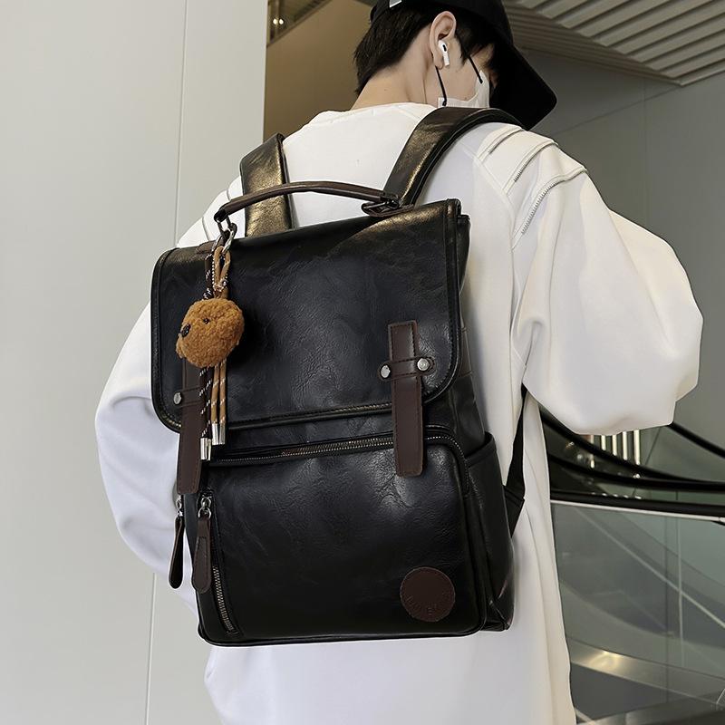 Schoolbag New PU Backpack Men's and Women's Large Capacity Soft Leather Fashion Retro Backpack Leisure Bag Commuter Student School Bag Lightweight
