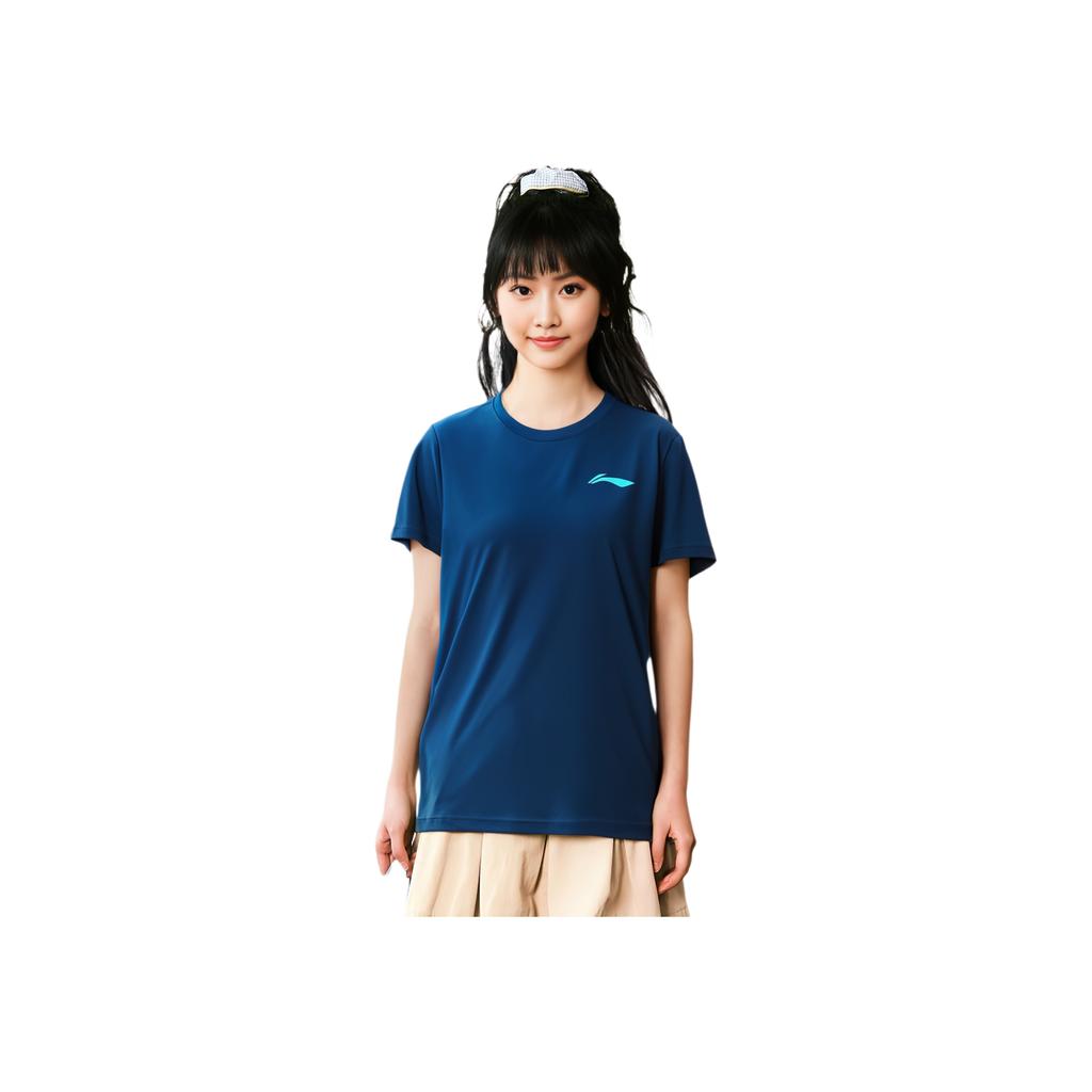 Li Ning Badminton Series Solid Color Round Neck Pullover Short Sleeve T-Shirt Unisex Tops Navy-Blue AHST347-4