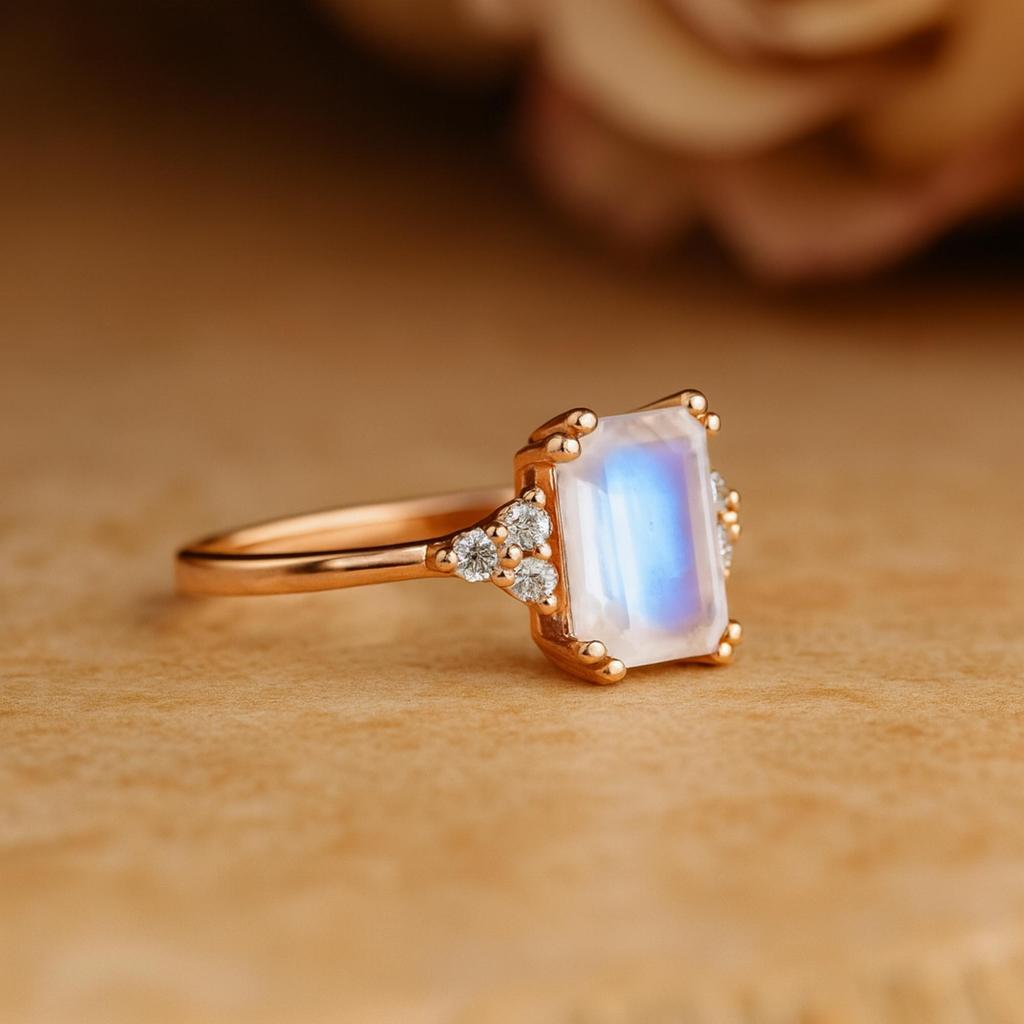 Emerald Cut Moonstone Ring for Women | Rose Gold Plated 925 Sterling Silver Ring with Cubic Zirconia | Wedding, Engagement, Anniversary Gift