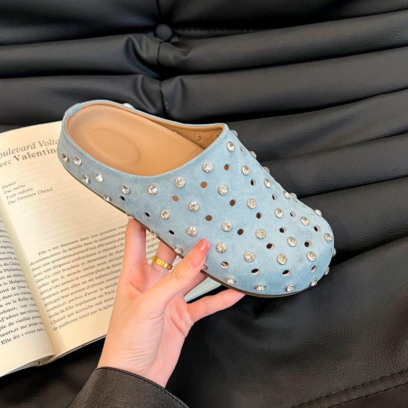 Fashion High-end Rhinestone Baotou Semi-slippers for Women 2025 Spring and Summer Hollow-out Slip-on Soft-soled Slip-ons