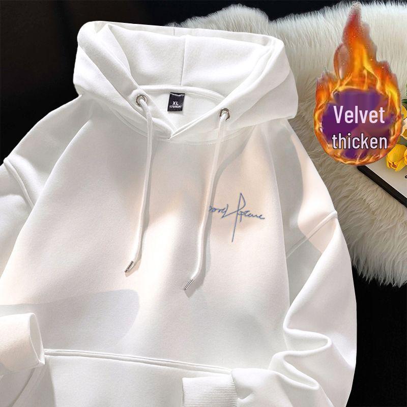 Men's Gray Hooded Sweatshirt: Thick, Velvet-Lined, Trendy American Style for Autumn/Winter