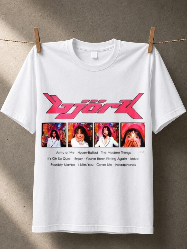 Bjork Tracklist Photo Strip Pink Futuristic Logo Four Image Panels And Album Song List In Clean Unisex All Tshirt