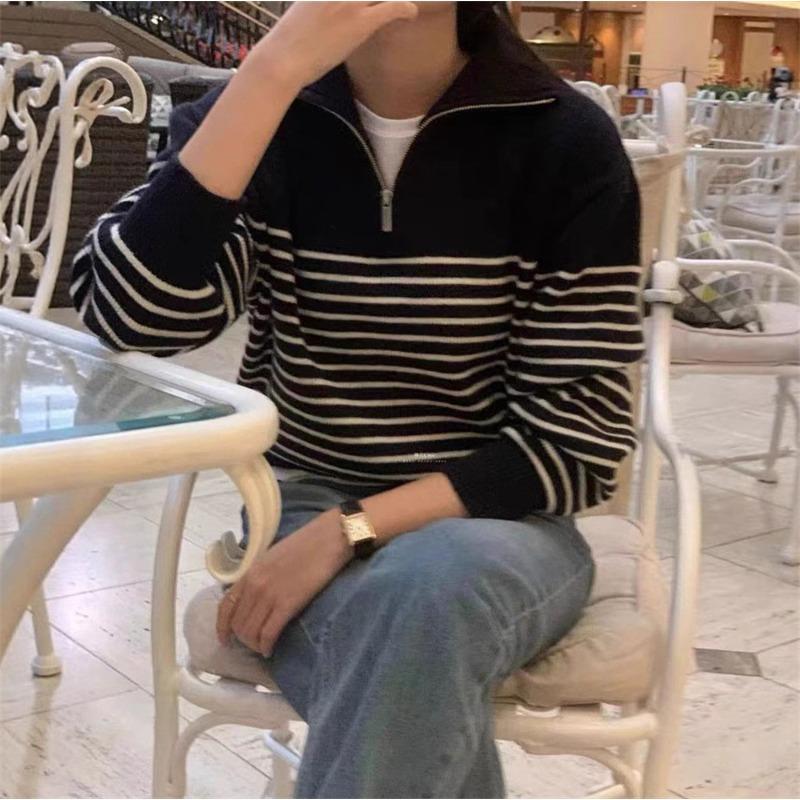 

Осень и зима новая женская одежда простая, модная и нежная полосатый лацкан на половину расстегивающаяся молния пуловер вязаный свитер женский one size fits all чёрный