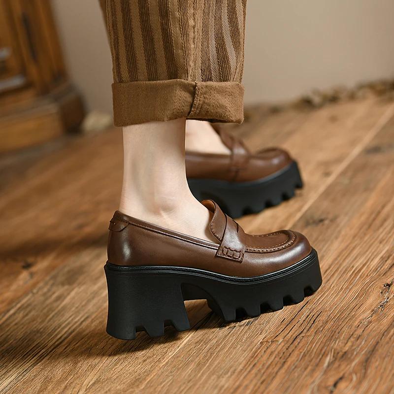 Fashion 2025 New Spring Genuine Leather Slip-On Platform Shoes Casual Loafers Round Toe Shoes Woman Flat Platform High Heel Women Shoes