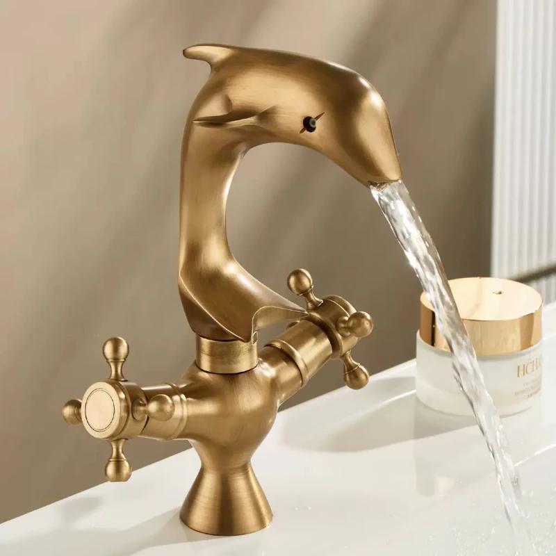 

European-style antique brass faucet, retro hot and cold art dolphin basin, bathroom washbasin, face wash basin faucet