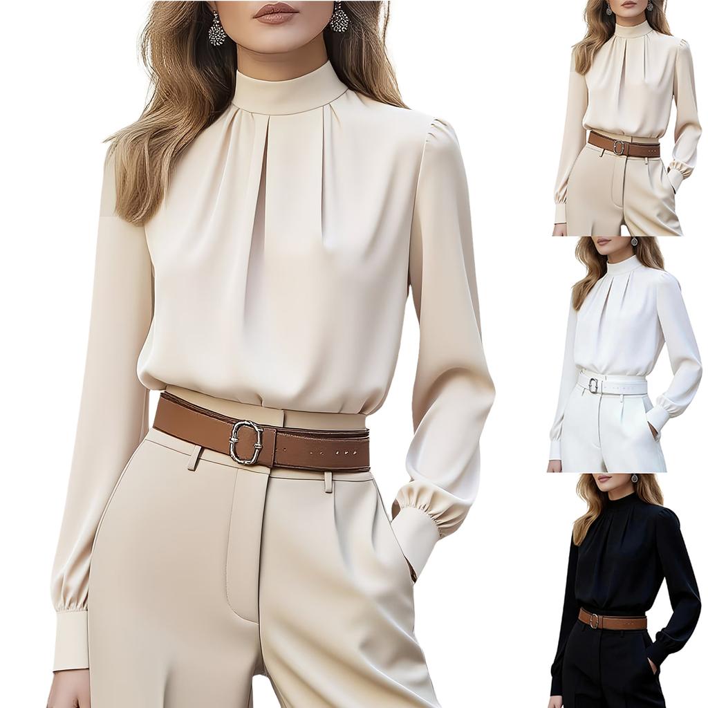 Women's Semi-High Neck Pleated Long Sleeve Blouse for Work Business Casual
