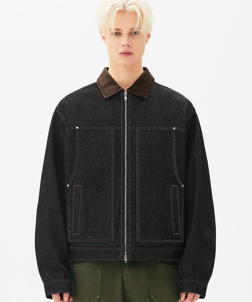 Trillion Corduroy Collar Denim Zip-Up Work Jacket (Black)