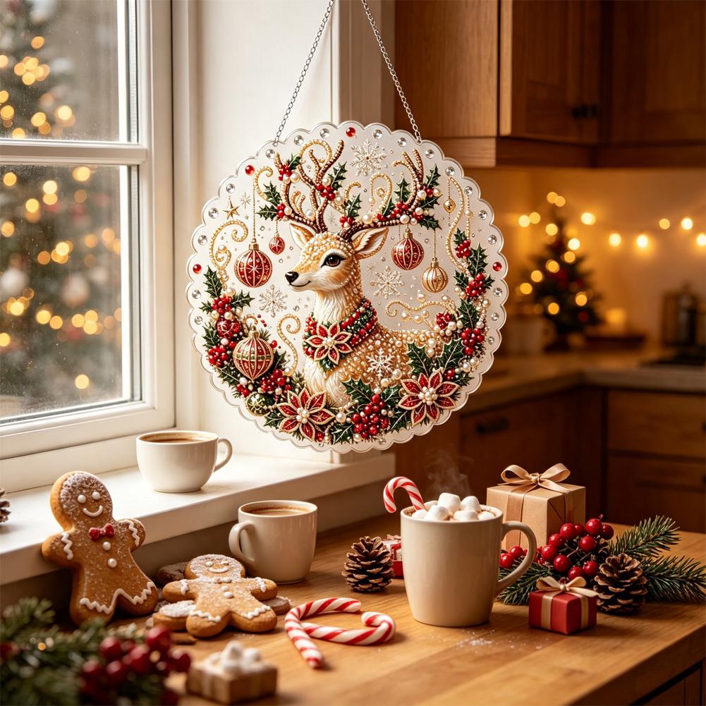 Christmas Pearl Diamond Painting Suncatcher Kit Diy Craft Metal Chain 3d Mixed-sized Pearl Beads Craft Festive Window Wall Decor