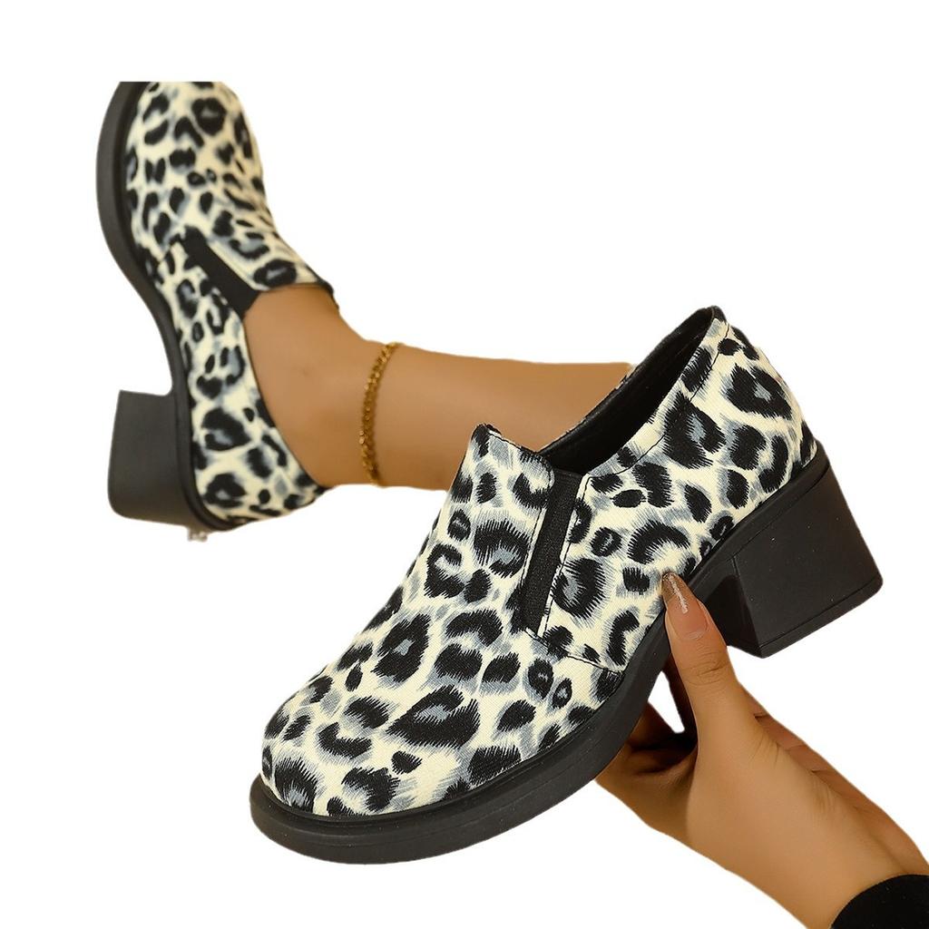 Large Size Single Shoes Women's Autumn New Pointed Leopard Print Casual Thick Heel Single Shoes