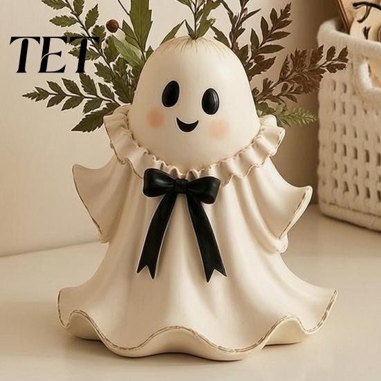 Retro Style Ghost Statue Halloween Resin Figurine with Wicker Basket, Cute Tabletop Holiday Party Table Centerpiece Decor, Ornament Organizer